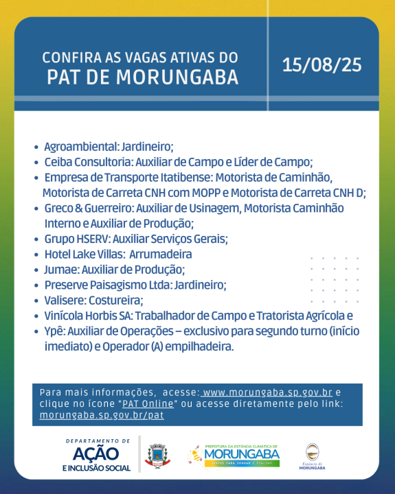 Procurando emprego? confira as vagas ativas do PAT de Morungaba - 15/08/25
