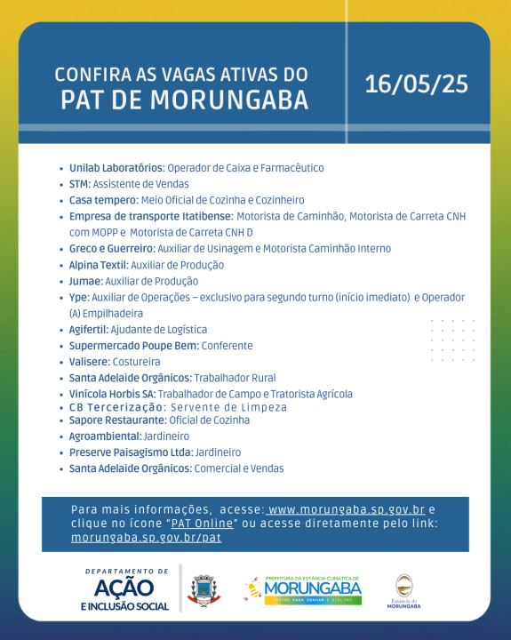 Confira as vagas de emprego ativas do PAT de Morungaba - 16/05/25