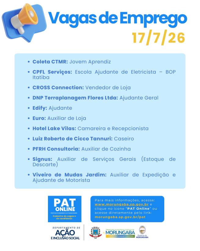 VAGAS DE EMPREGO NO PAT MORUNGABA!