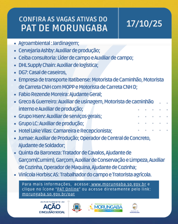 CONFIRA AS VAGAS ATIVAS DO PAT DE MORUNGABA 17/10/2025