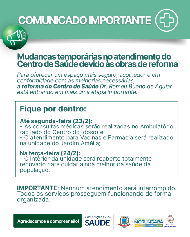 MUDANÇAS TEMPORÁRIAS NO ATENDIMENTO DO CENTRO DE SAÚDE