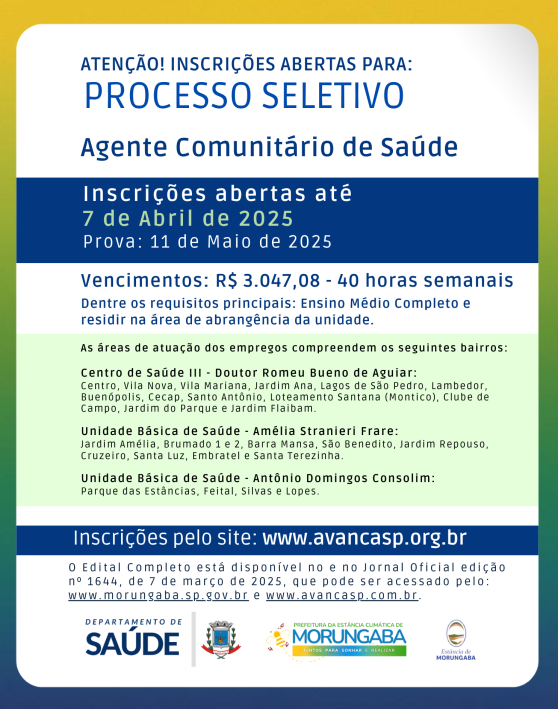 Atenção! inscrições abertas para processo seletivo: Agente Comunitário de Saúde