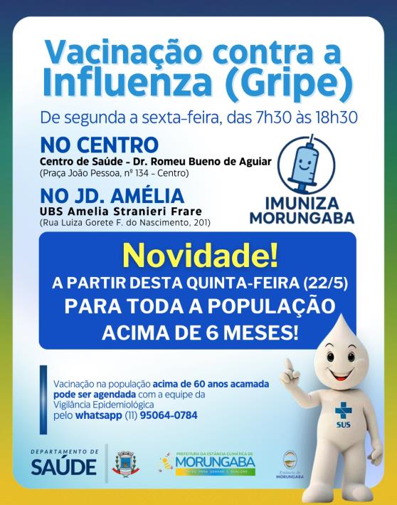 Novidade: vacinação contra a Influenza (gripe) para toda a população a partir de 6 meses