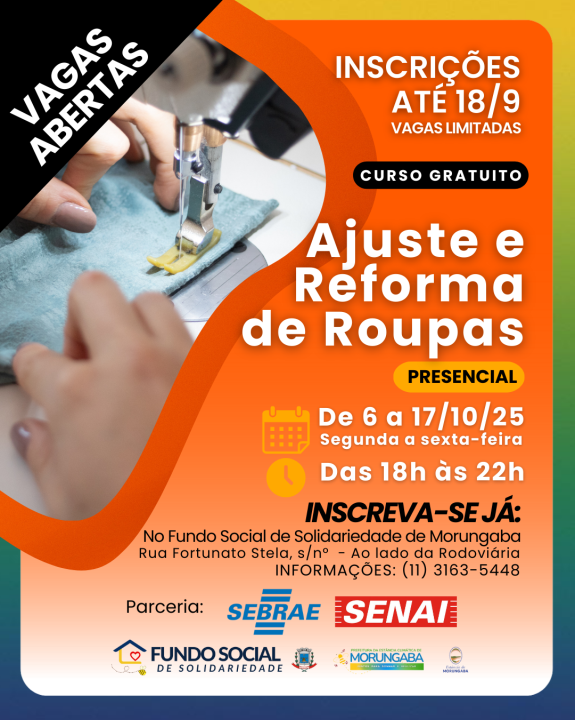 INSCRIÇÕES ABERTAS PARA CURSO GRATUITO: AJUSTE E REFORMA DE ROUPAS