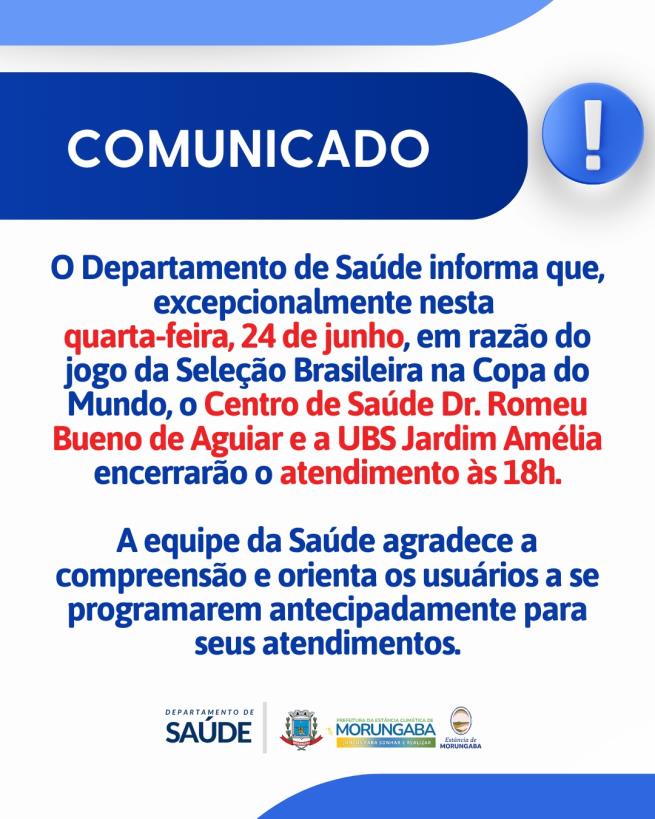 ATENÇÃO: ALTERAÇÃO NO HORÁRIO DE ATENDIMENTO DA SAÚDE NESTA QUARTA-FEIRA (24/6)