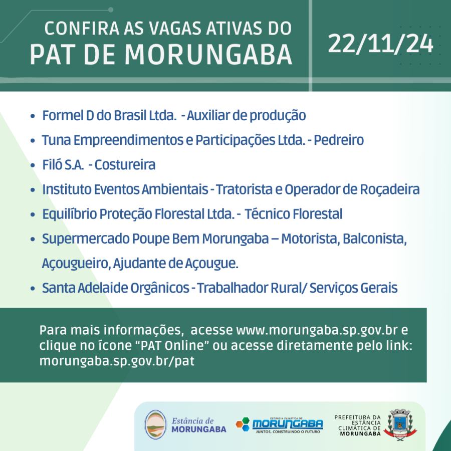 Confira as vagas ativas do PAT de Morungaba - 22/11/2024