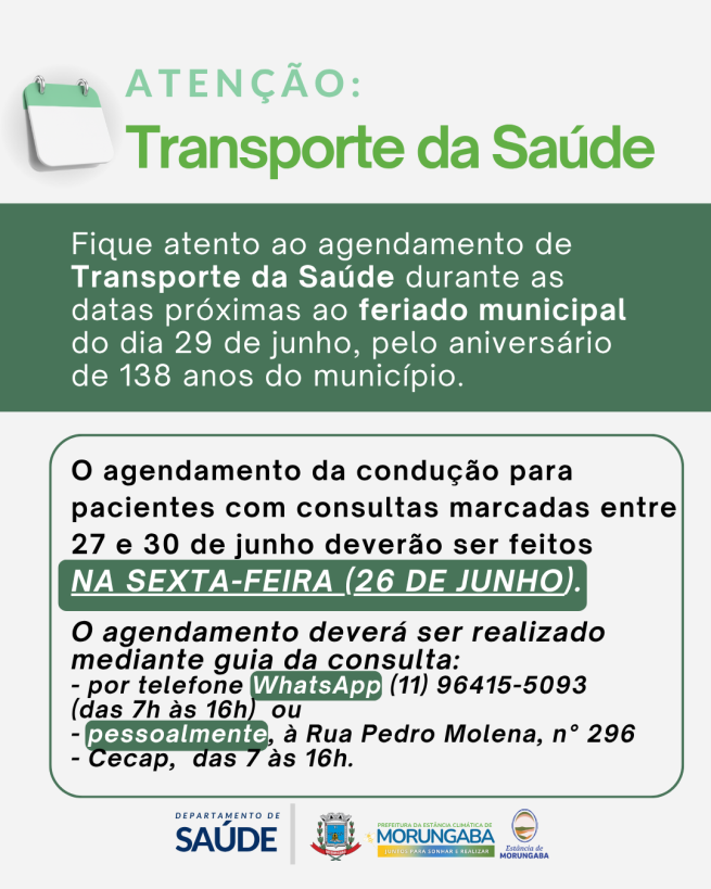 ATENÇÃO: INFORME IMPORTANTE SOBRE O TRANSPORTE DA SAÚDE