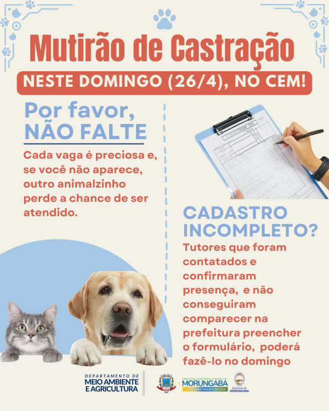 MUTIRÃO DE CASTRAÇÃO: É NESTE DOMINGO!