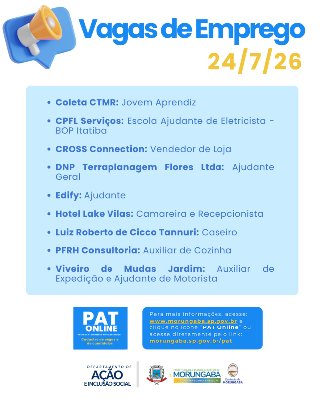 VAGAS DE EMPREGO NO PAT DE MORUNGABA!