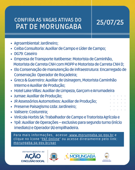 CONFIRA AS VAGAS ATIVAS DO PAT DE MORUNGABA - 25/07/25