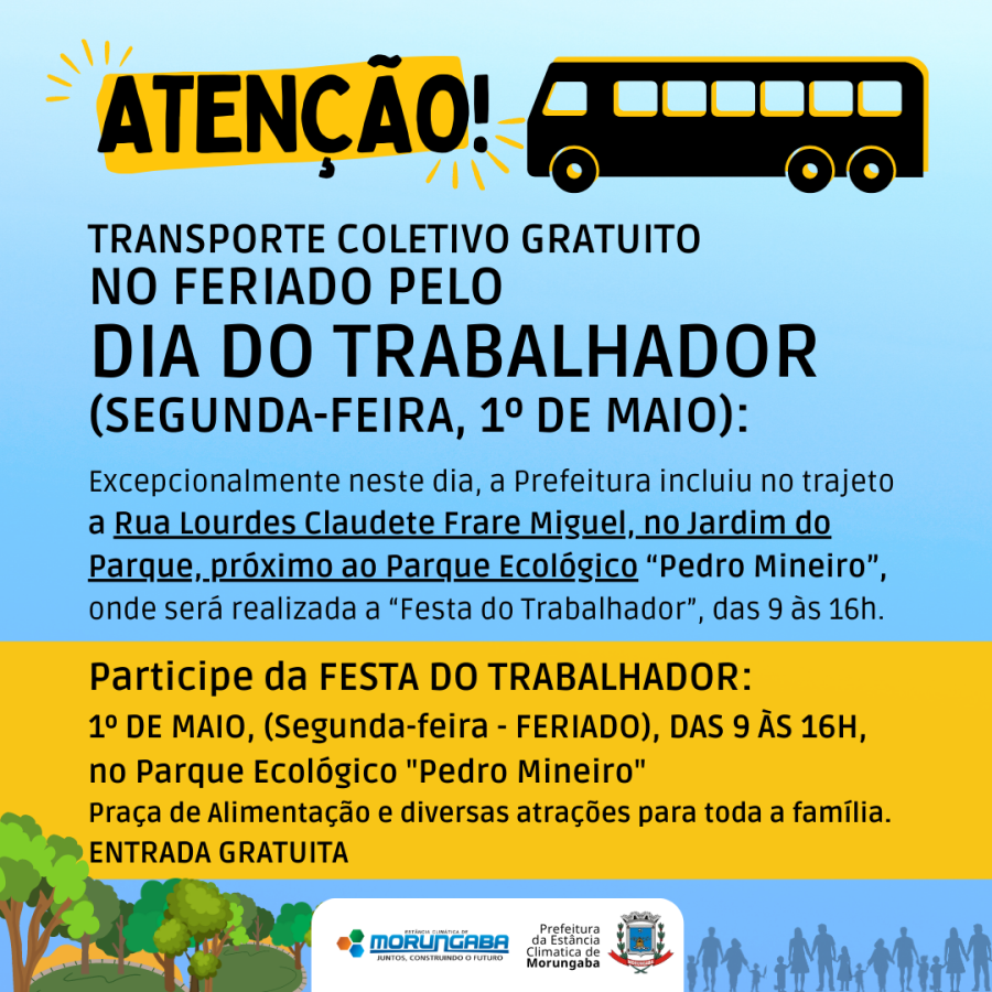 TRANSPORTE COLETIVO GRATUITO NO FERIADO PELO DIA DO TRABALHADOR (SEGUNDA-FEIRA, 1º DE MAIO)