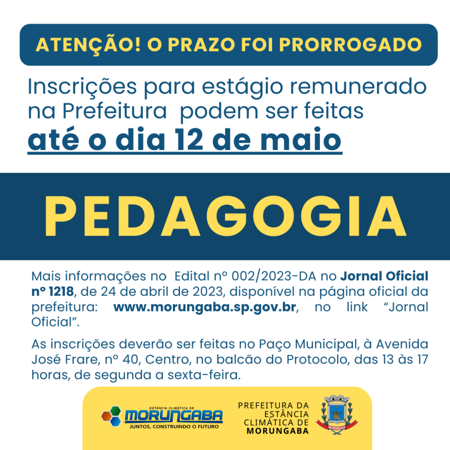 PRORROGADO PRAZO DE INSCRIÇÕES PARA ESTÁGIO REMUNERADO EM PEDAGOGIA NA PREFEITURA