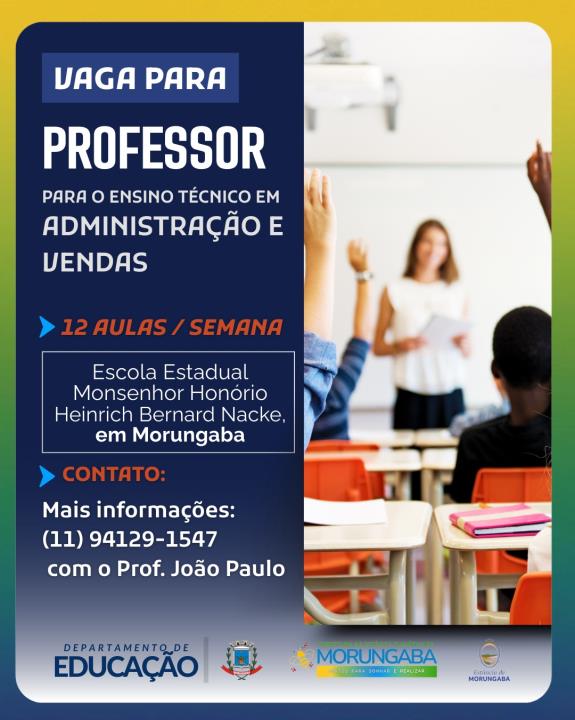 VAGA ABERTA: PROFESSOR ENSINO TÉCNICO EM ADMINISTRAÇÃO E VENDAS