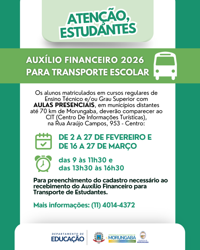 ATENÇÃO, ESTUDANTES! AUXÍLIO TRANSPORTE 2026