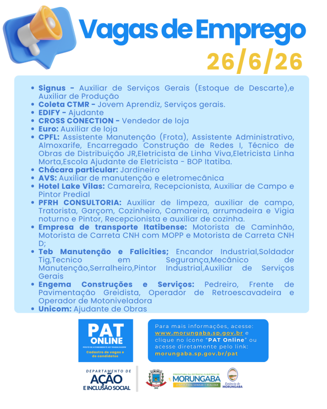 PAT MORUNGABA DIVULGA NOVAS VAGAS DE EMPREGO