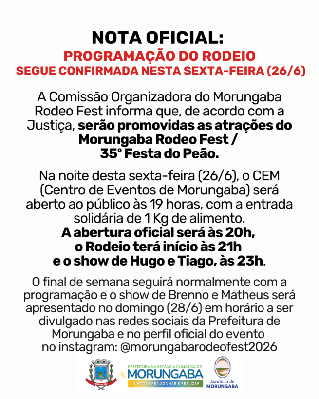 NOTA OFICIAL: PROGRAMAÇÃO DO RODEIO SEGUE CONFIRMADA NESTA SEXTA-FEIRA (26/6)
