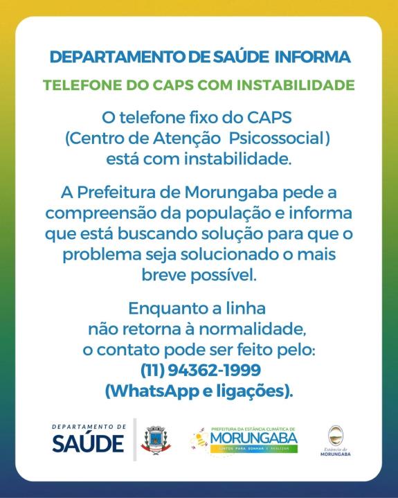 Departamento de Saúde informa: telefone fixo do Caps com instabilidade