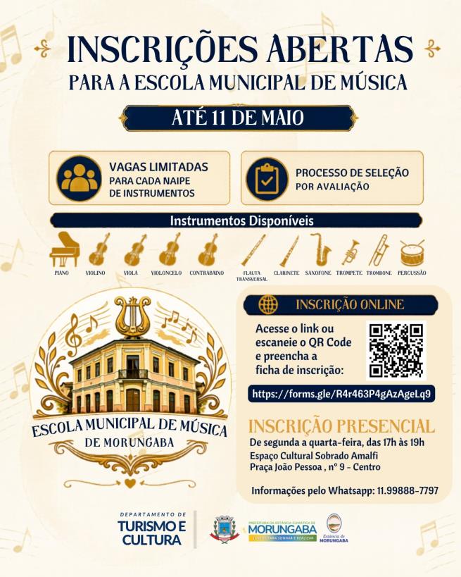 INSCRIÇÕES ABERTAS ATÉ 11 DE MAIO: VAGAS ABERTAS PARA DIVERSOS INSTRUMENTOS!