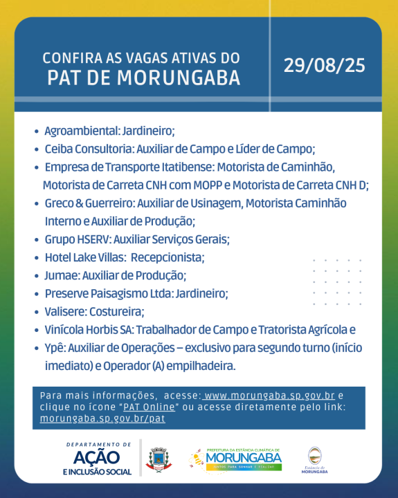 Procurando emprego? confira as vagas ativas do PAT de Morungaba - 29/08/25
