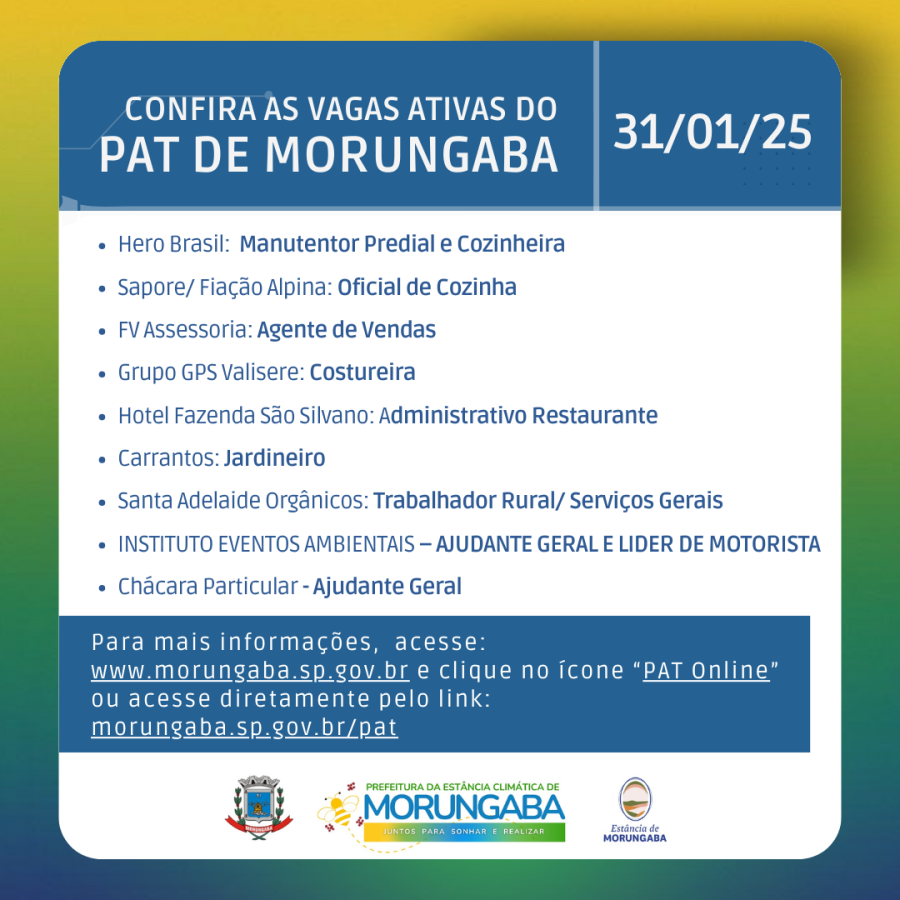 Confira as vagas de emprego ativas do PAT de Morungaba