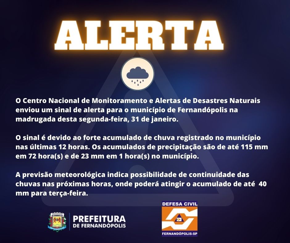 Defesa Civil de Fernandópolis mantém alerta para acumulado de chuva 
