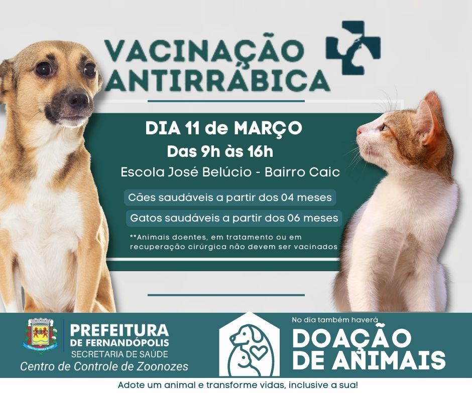 Campanha de vacinação antirrábica no CAIC terá doação de animais  