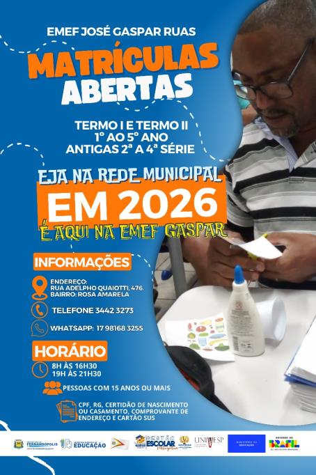 Educação de Jovens e Adultos abre matrículas para 2026