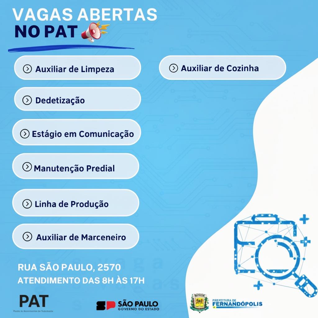 PAT divulga novas vagas de emprego em Fernandópolis