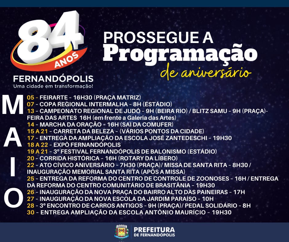 Programação especial dos 84 anos de Fernandópolis segue até o final de maio 