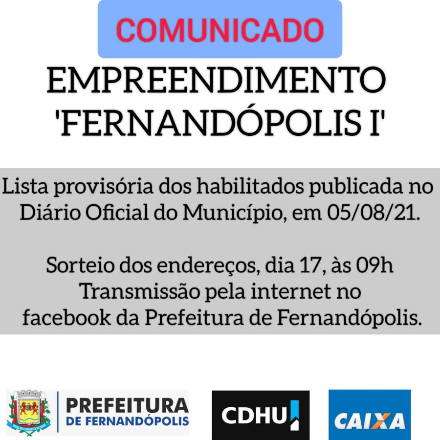 Prefeitura publica lista dos habilitados no empreendimento “Fernandópolis I”