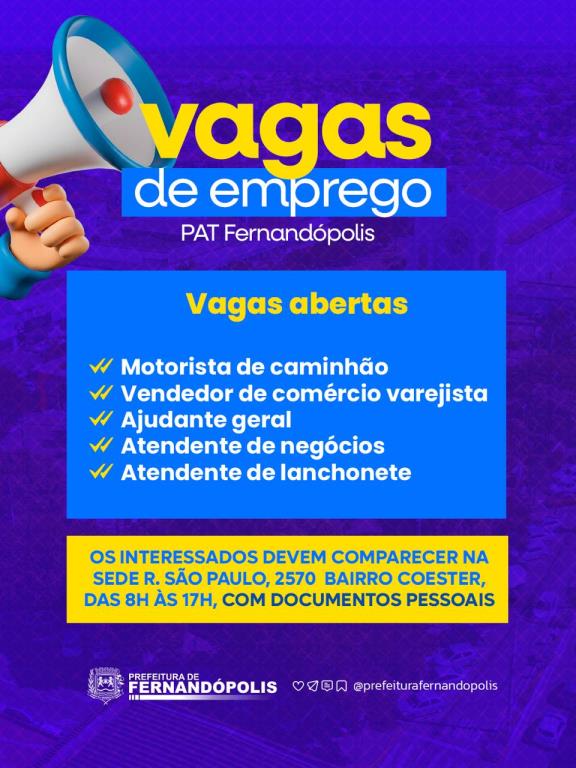 PAT divulga novas vagas de emprego em Fernandópolis