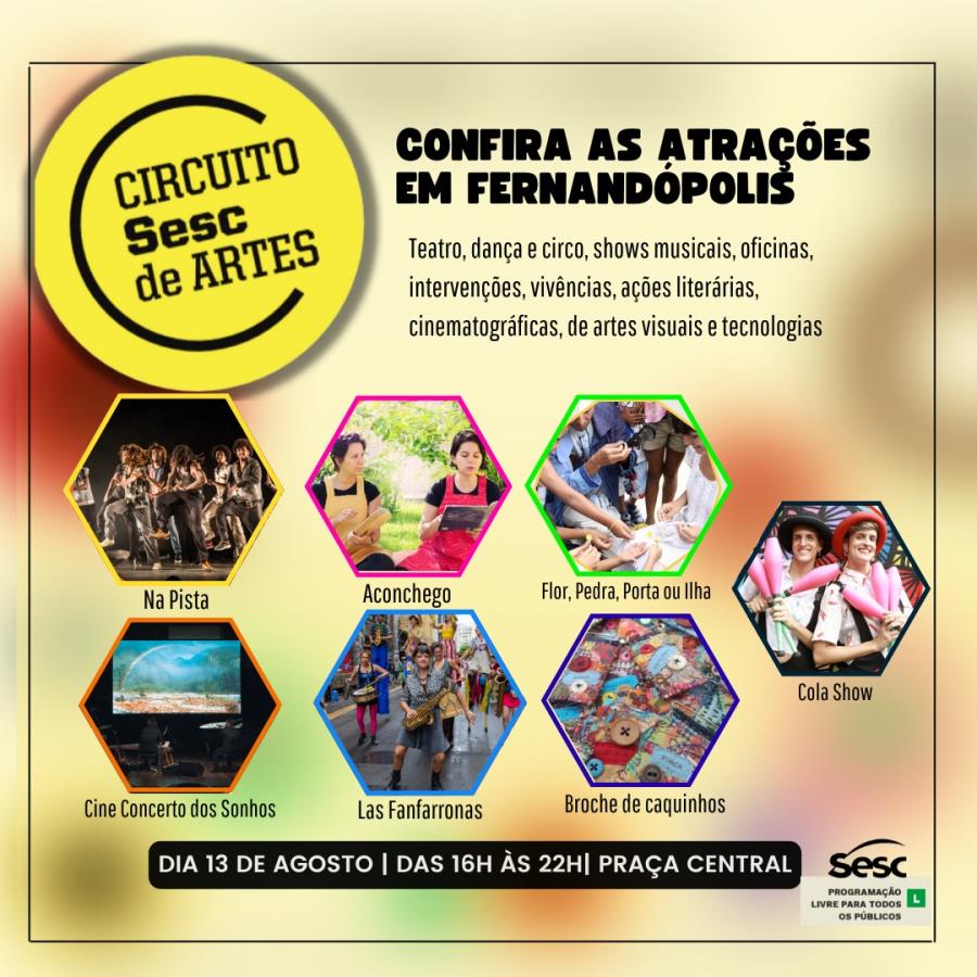 Sábado, 13, tem Circuito Sesc de Artes na praça central de Fernandópolis