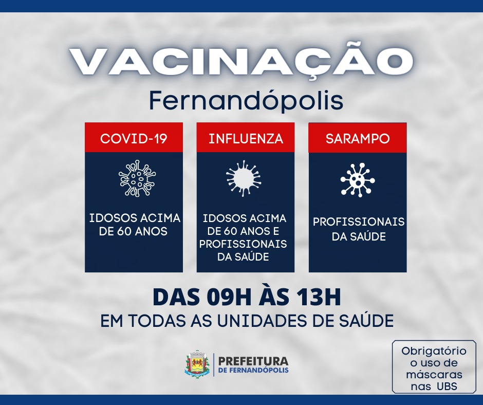  Vacinação contra Covid, Influenza e Sarampo segue nas Unidades de Saúde 