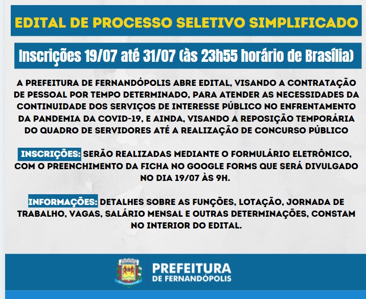 Prefeitura de Fernandópolis abre processo seletivo simplificado na próxima semana