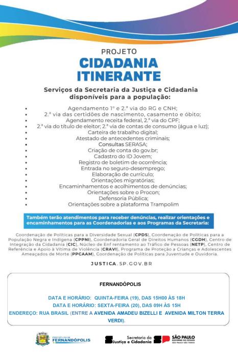 Cidadania Itinerante estará em Fernandópolis em 19 e 20 de fevereiro