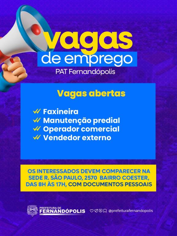 PAT anuncia novas vagas de emprego