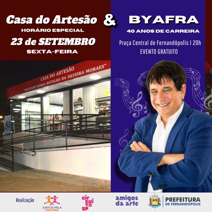 Casa do Artesão estará aberta durante show do cantor Byafra em Fernandópolis