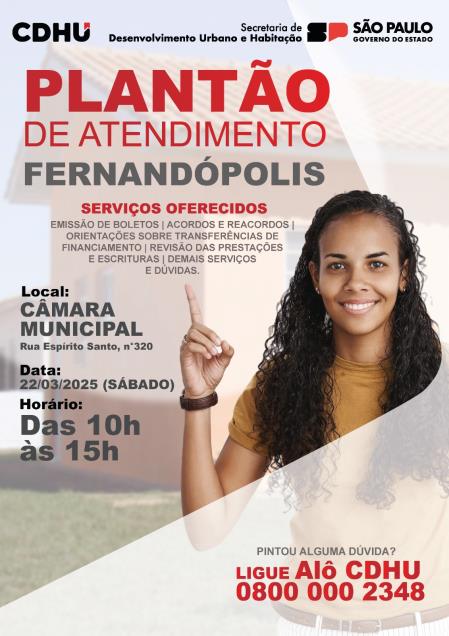 CDHU dará plantão em Fernandópolis no dia 22 de março