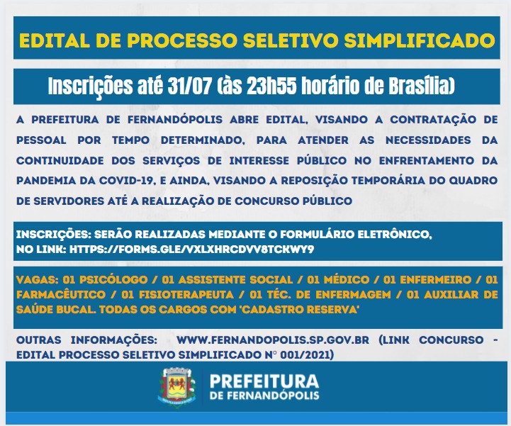 Processo seletivo simplificado é aberto pela Prefeitura de Fernandópolis