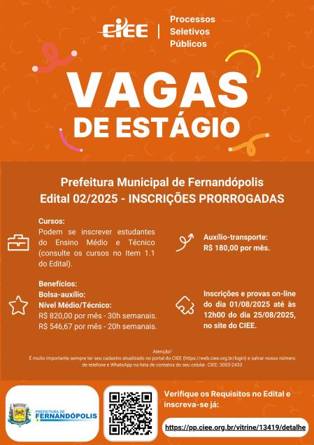 Inscrições para estágio de nível médio e técnico são prorrogadas até 25 de agosto