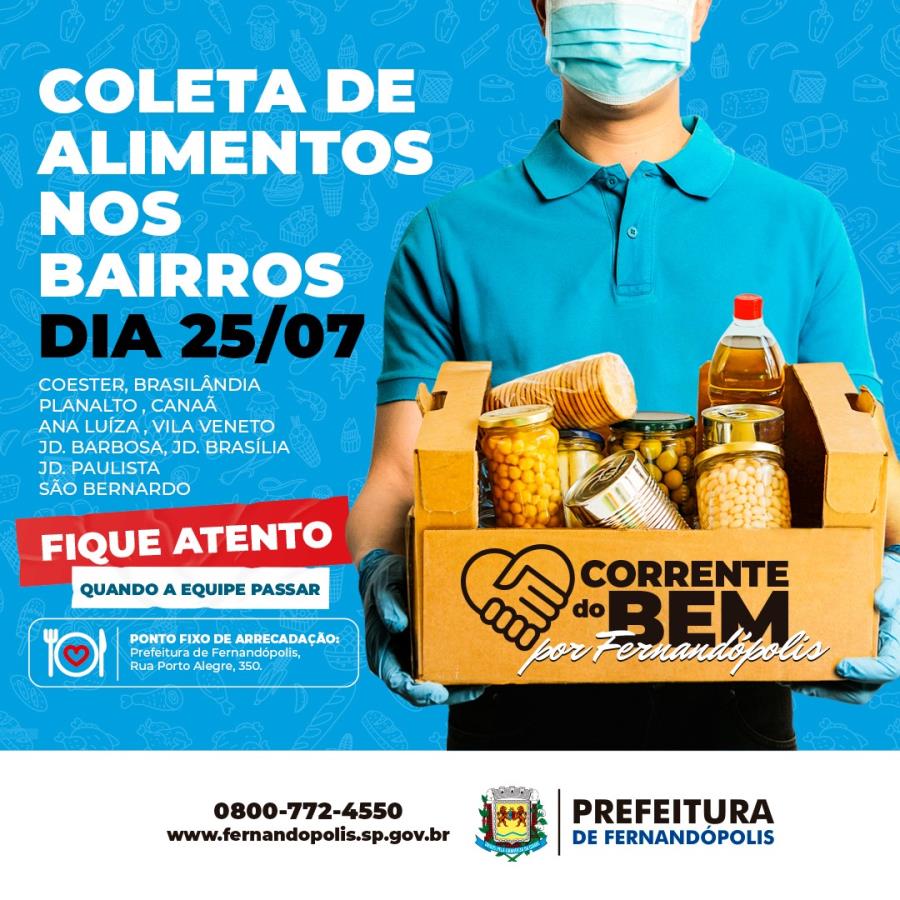 Arrecadação de alimentos em bairros começa neste domingo, 25, em Fernandópolis 