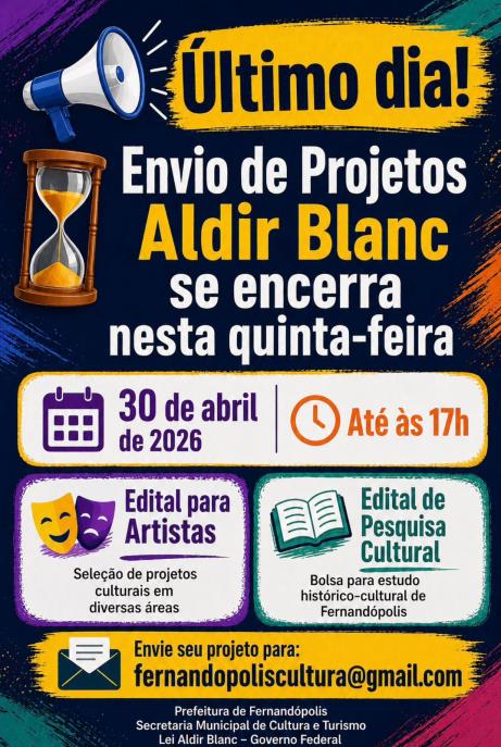 Envio de projetos da Lei Aldir Blanc se encerra nesta quinta-feira em Fernandópolis
