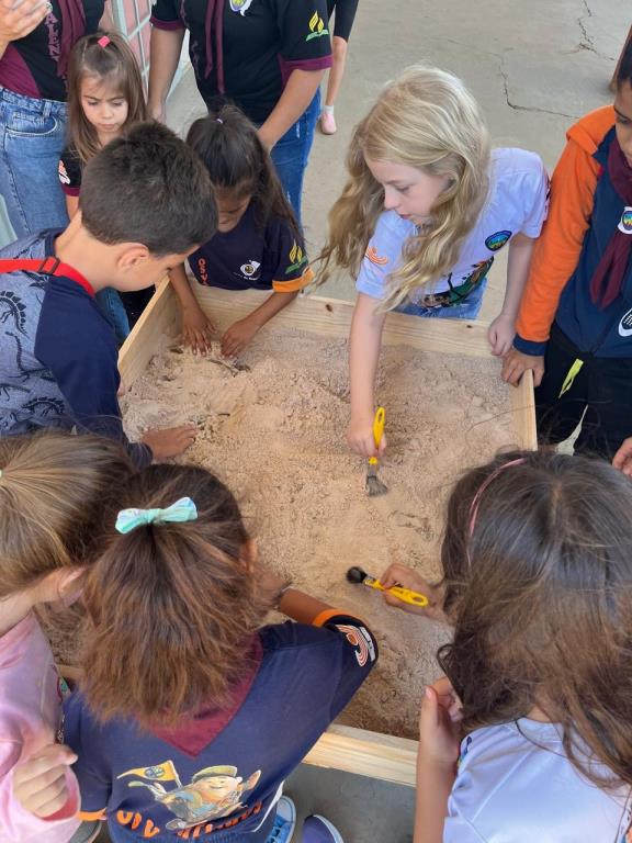 Caixa de areia para coleta de fósseis faz sucesso no Museu de Paleontologia e encanta crianças em Fernandópolis