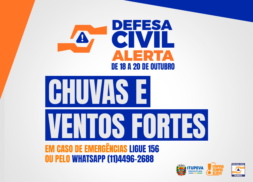 Defesa Civil alerta para fortes chuvas; munícipes devem ligar no 156 em caso de ocorrências