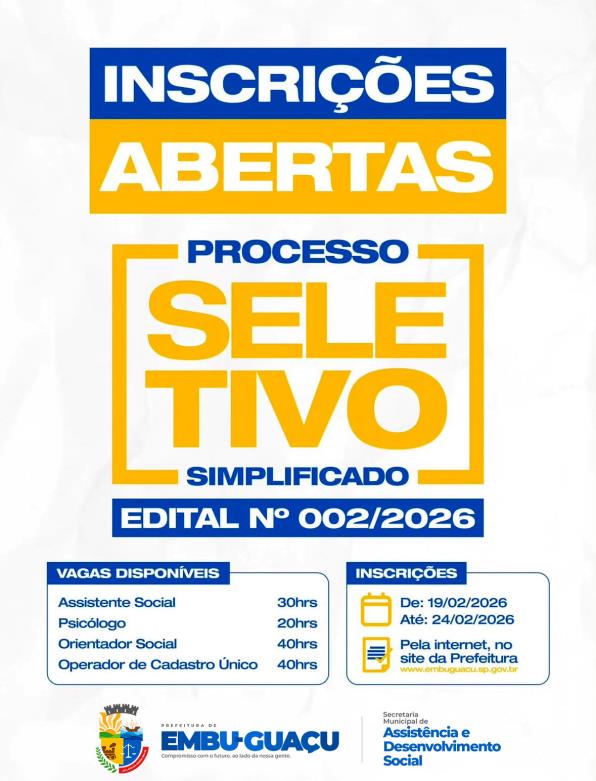 Edital Processo Seletivo Simplificado Nº02/2026 de Contratação por tempo determinado para cargos do Sistema Único de Assistência Social.