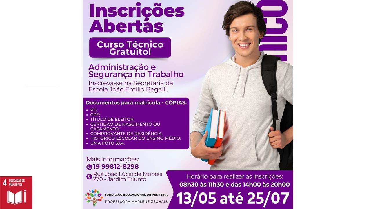 Escola Municipal Professor João Emílio Begalli recebe inscrições para cursos profissionalizantes gratuitos