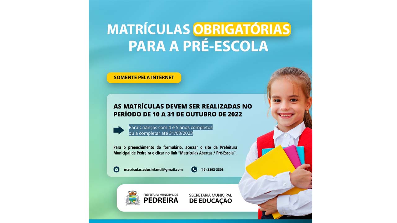 Secretaria Municipal de Educação recebe matrículas para Pré-Escola no período de 10 a 31 de outubro