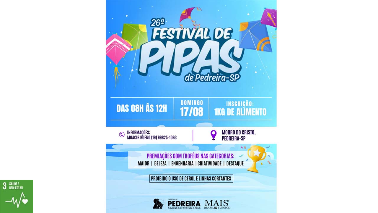 26º “Festival de Pipas” será realizado no domingo, 17 de agosto, no Morro do Cristo