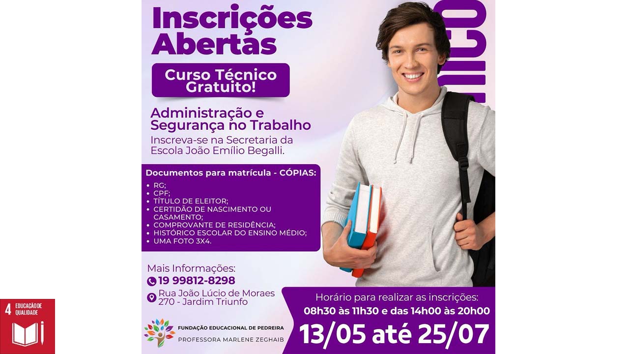 Escola Municipal Professor João Emílio Begalli recebe inscrições para cursos profissionalizantes gratuitos