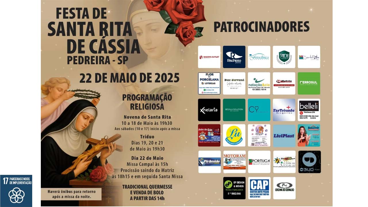 Programação da tradicional Festa de Santa Rita de Cássia 2025 começou no dia 10 de maio em Pedreira